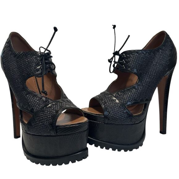 Alaïa Leather Trek Platform Heels NEW Black Open Toe Lace up EU 39 - Picture 1 of 11